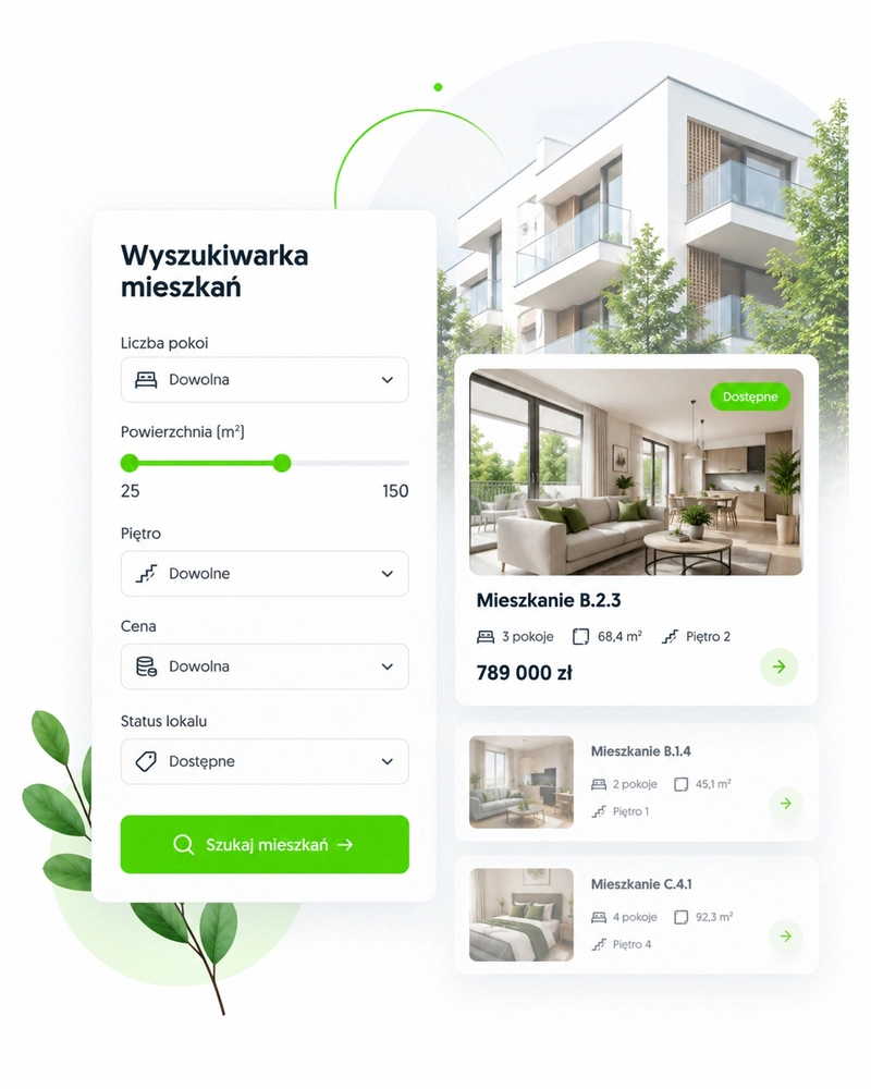 Wyszukiwarka mieszkań z filtrami i listą dostępnych lokali
