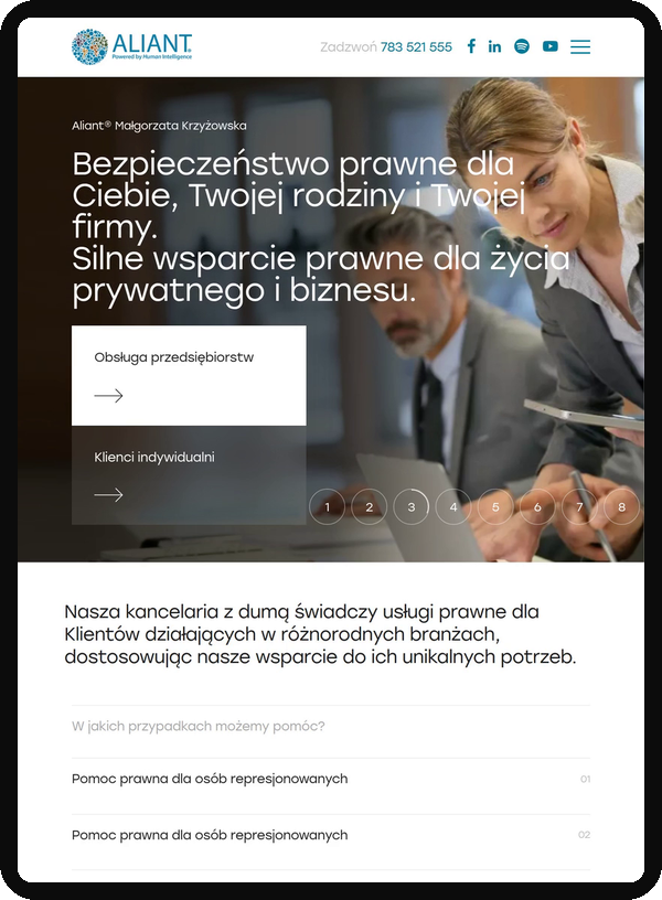 Strona główna kancelarii Aliant na tablecie – realizacja Iguana Studio
