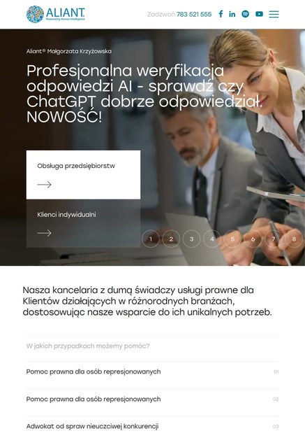Aliant – strona główna kancelarii ze zmieniającymi się hasłami