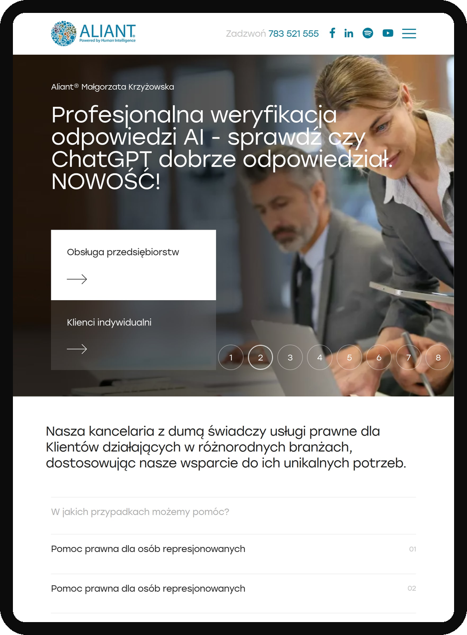 Strona główna kancelarii Aliant na tablecie – realizacja Iguana Studio