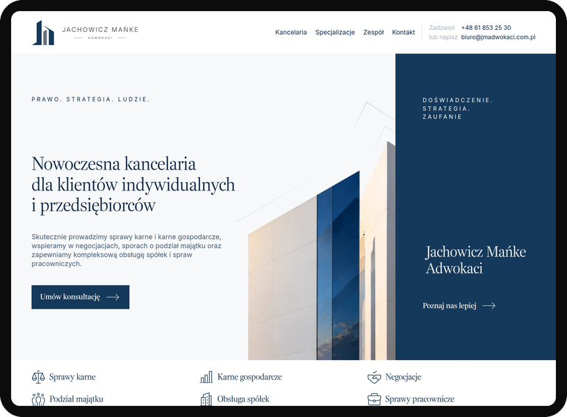 Strona główna kancelarii adwokackiej na komputerze – projekt Iguana Studio
