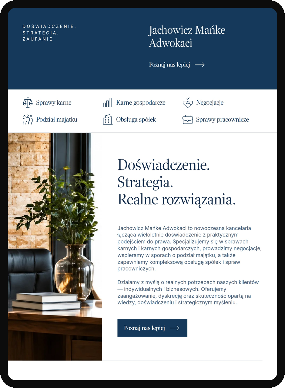 Strona kancelarii adwokackiej z Poznania na tablecie – projekt Iguana Studio