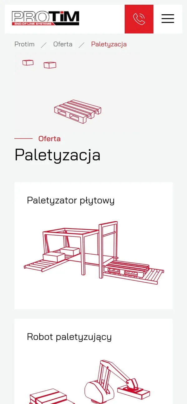 Podstrona Paletyzacja na protim.pl z rysunkami maszyn, wersja mobilna