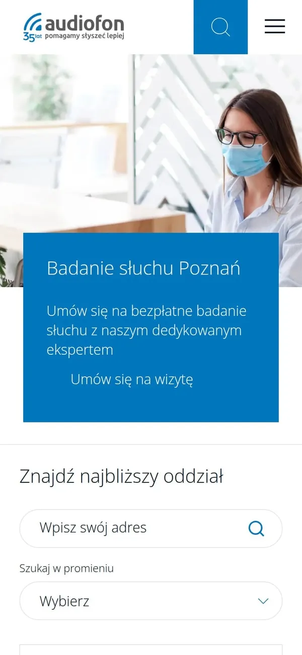 Podstrona Badanie słuchu Poznań na audiofon.com.pl, wersja mobilna