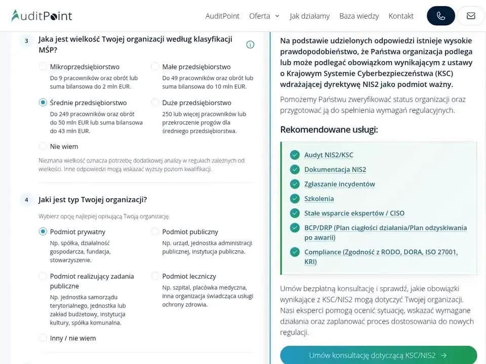 Wynik kalkulatora kwalifikacji NIS2/KSC na auditpoint.pl: możliwy status organizacji i rekomendowane usługi