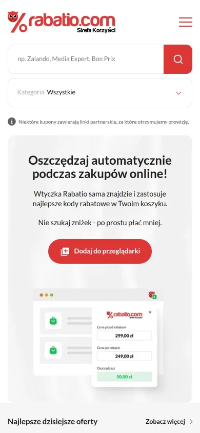 Strona główna rabatio.com na telefonie