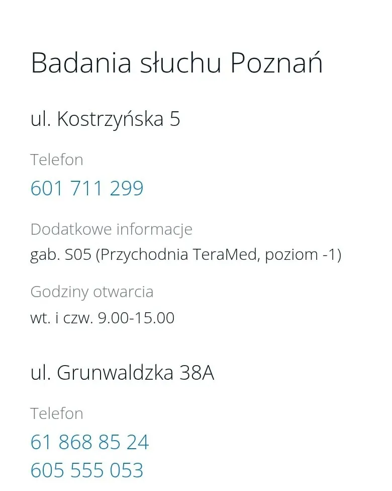 Oddziały w Poznaniu z telefonami i godzinami otwarcia, wersja mobilna