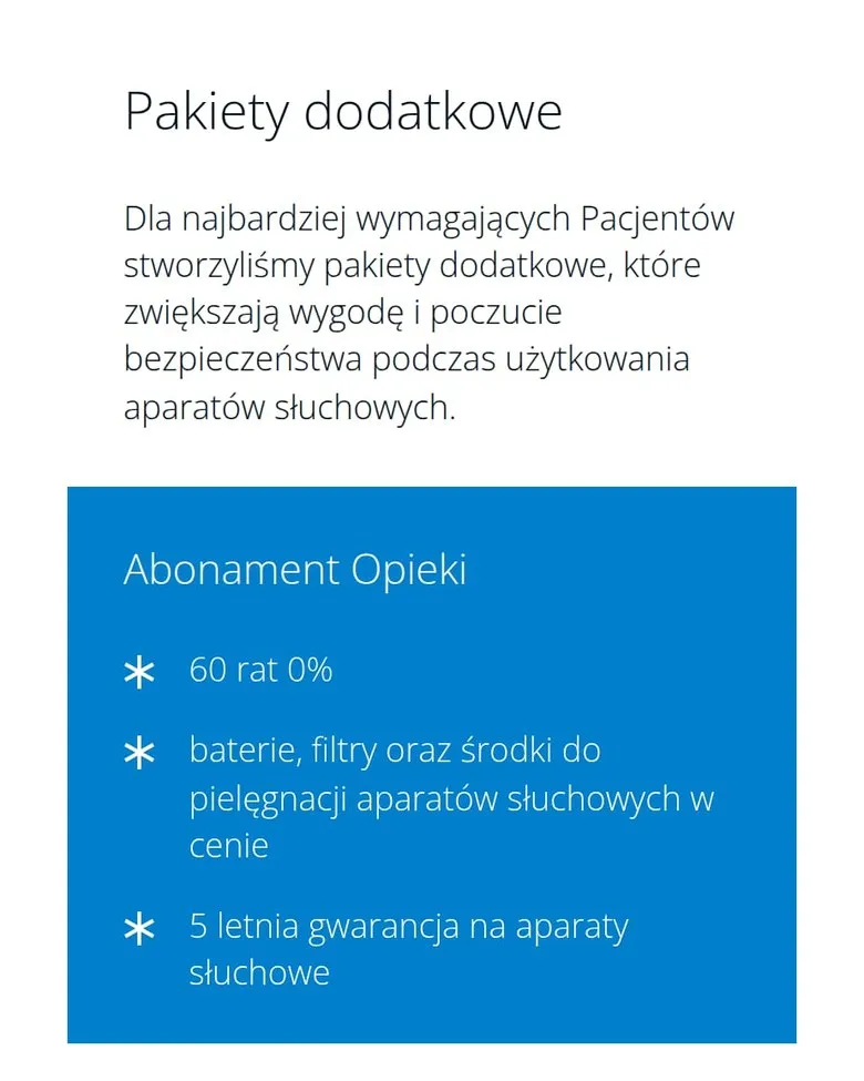 Pakiety dodatkowe i Abonament Opieki na podstronie Aparaty słuchowe, wersja mobilna