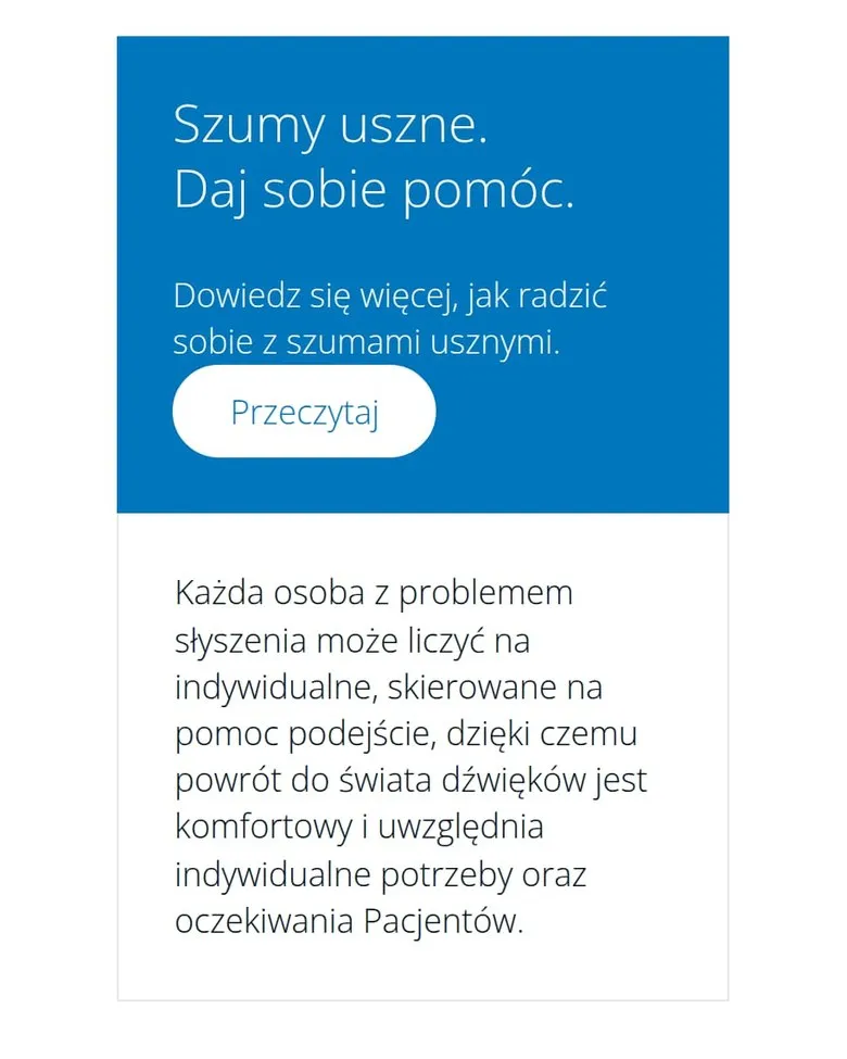 Sekcja Szumy uszne. Daj sobie pomóc na stronie głównej, wersja mobilna