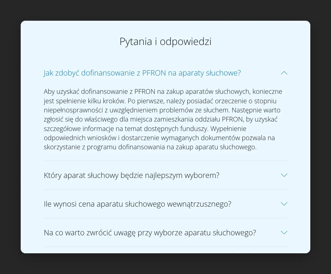 Sekcja „Pytania i odpowiedzi” na audiofon.com.pl z rozwiniętą odpowiedzią o dofinansowaniu aparatów słuchowych z PFRON