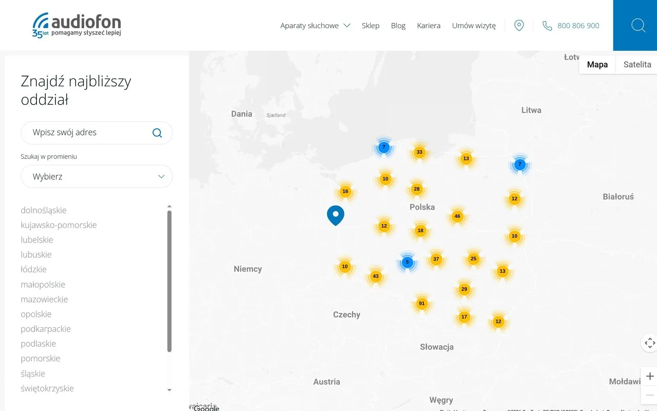 Wyszukiwarka oddziałów Audiofon z listą wyników i mapą