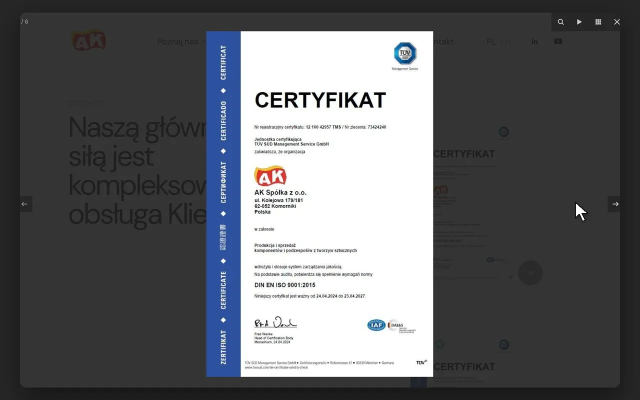 Certyfikat ISO 9001 firmy AK otwarty w przeglądarce dokumentów