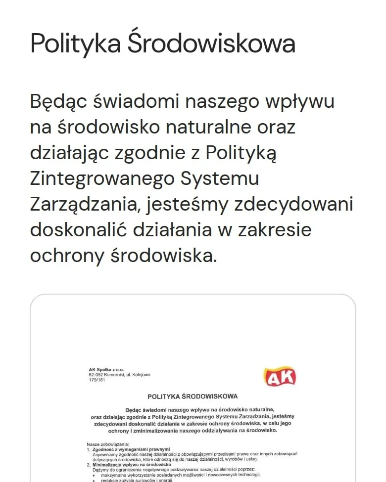 Sekcja „Polityka Środowiskowa” z podglądem dokumentu PDF na telefonie