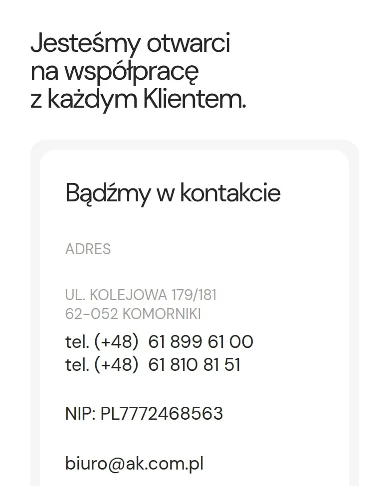 Dane kontaktowe AK Spółka z o.o. w zakładce „Kontakt” na telefonie