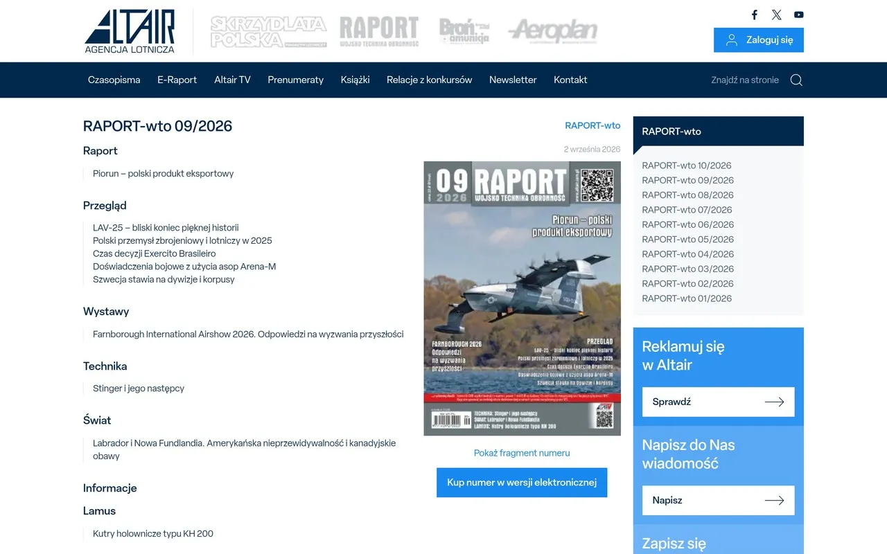 Przeglądanie czasopism na altair.com.pl: lista tytułów, numery RAPORT-wto i spis treści numeru