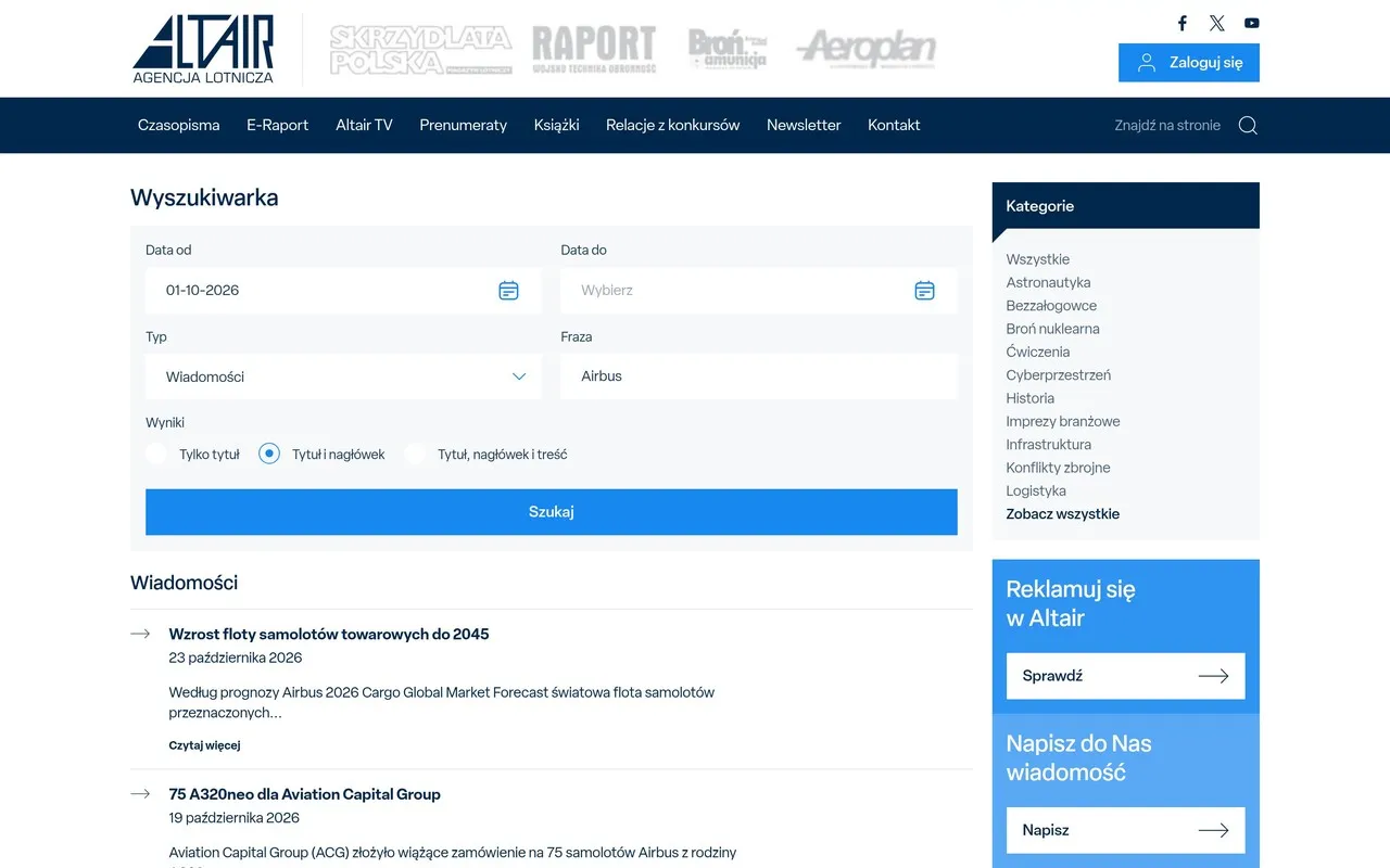 Wyszukiwarka altair.com.pl z filtrami daty, typu treści i zakresu wyszukiwania