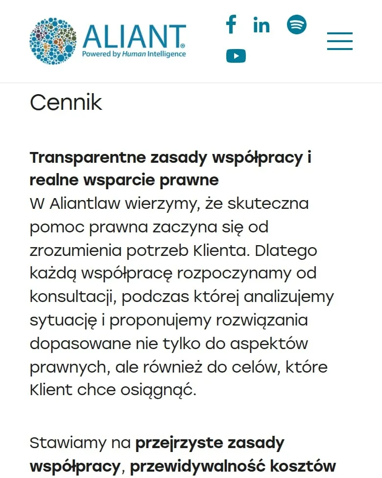 Cennik kancelarii Aliant z zasadami współpracy na telefonie
