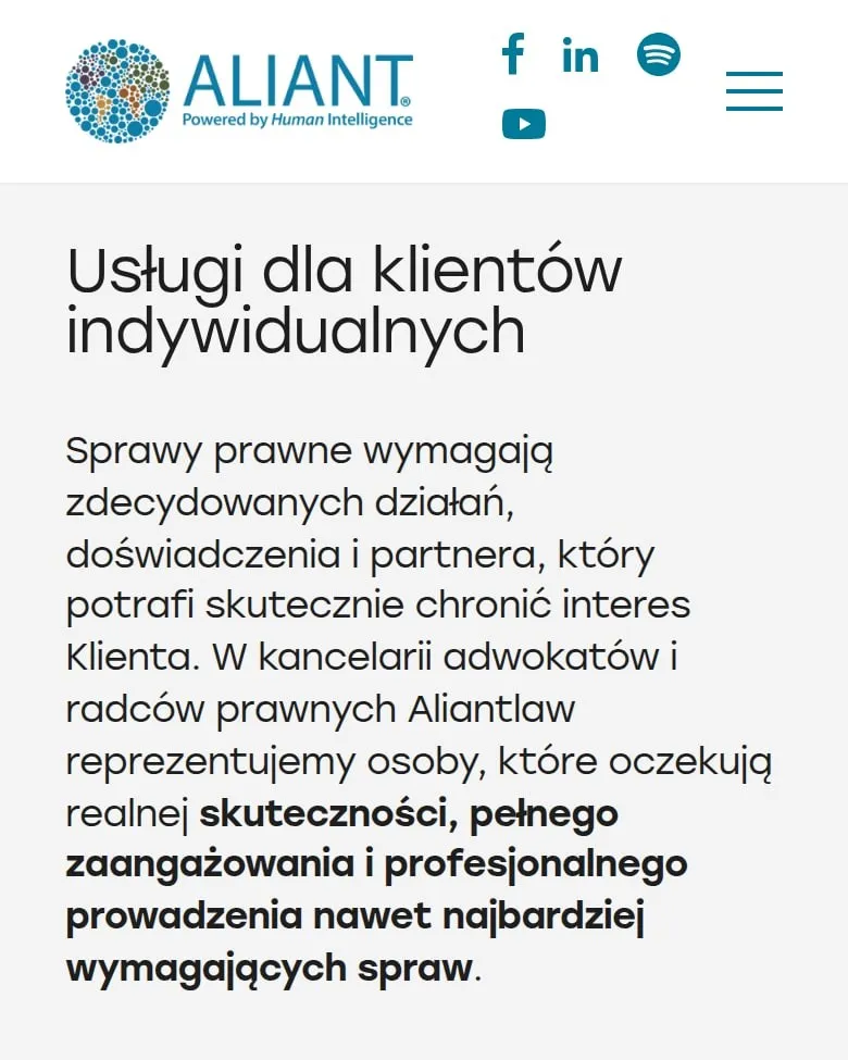 Strona „Usługi dla klientów indywidualnych” na telefonie