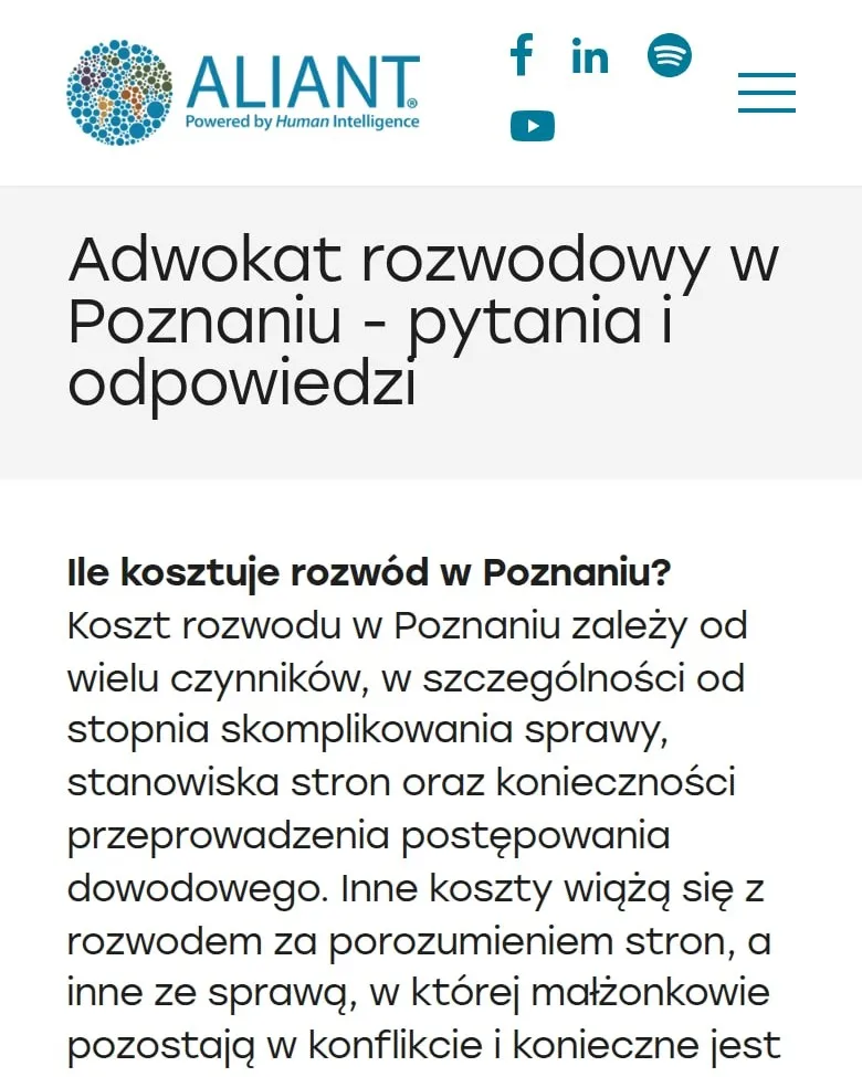Podstrona „Adwokat rozwodowy w Poznaniu – pytania i odpowiedzi” na telefonie
