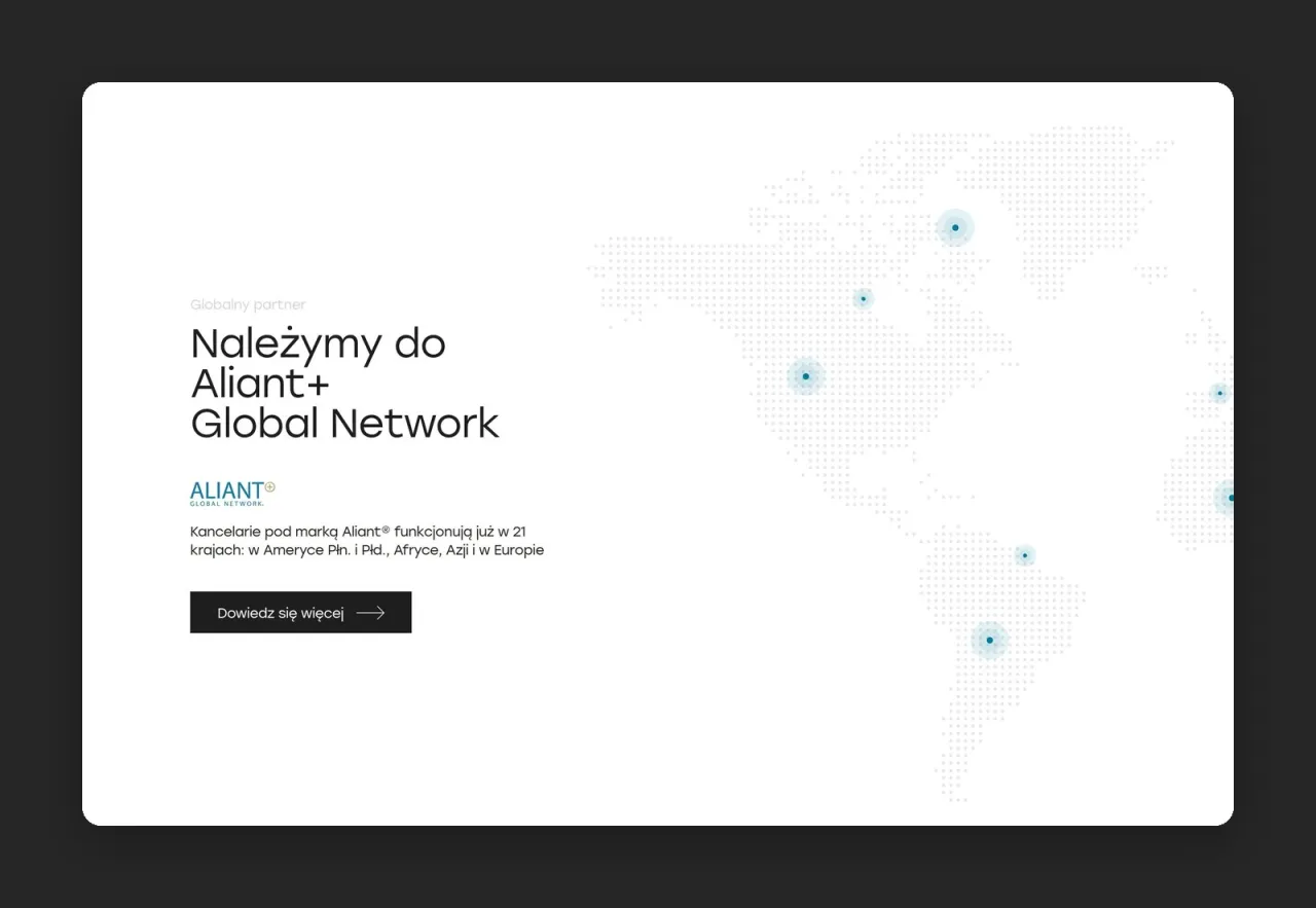 Sekcja „Należymy do Aliant+ Global Network” z mapą świata