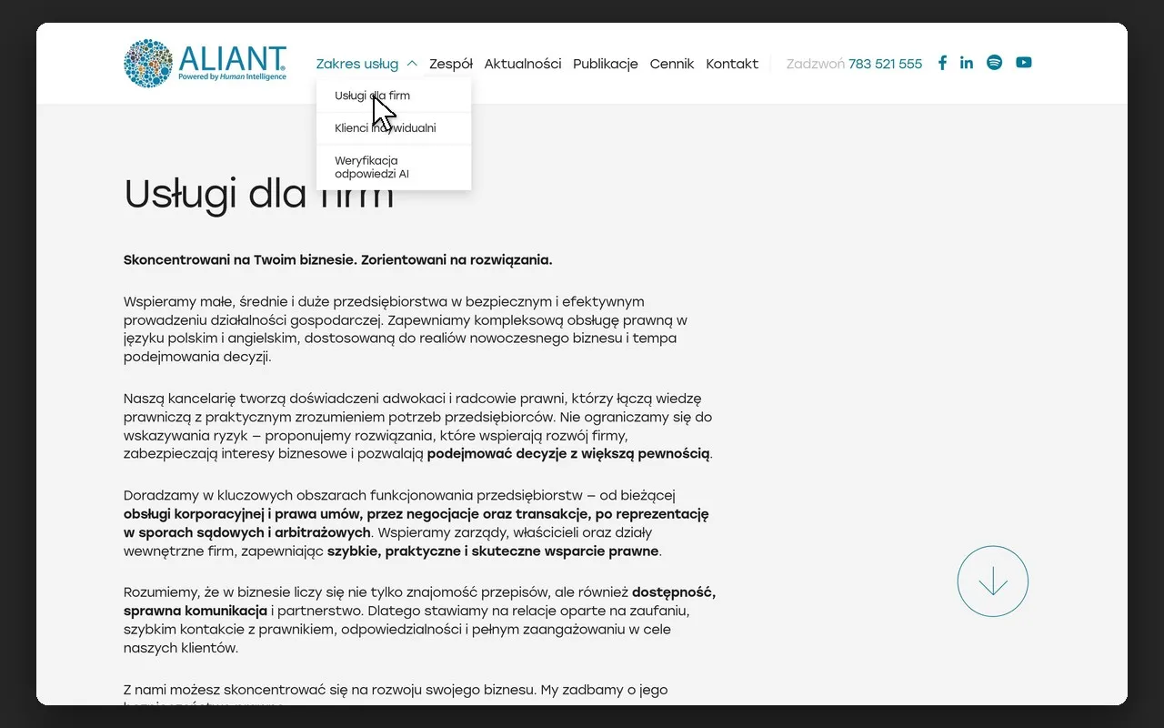Rozwinięte menu „Zakres usług” na stronie „Usługi dla firm” kancelarii Aliant