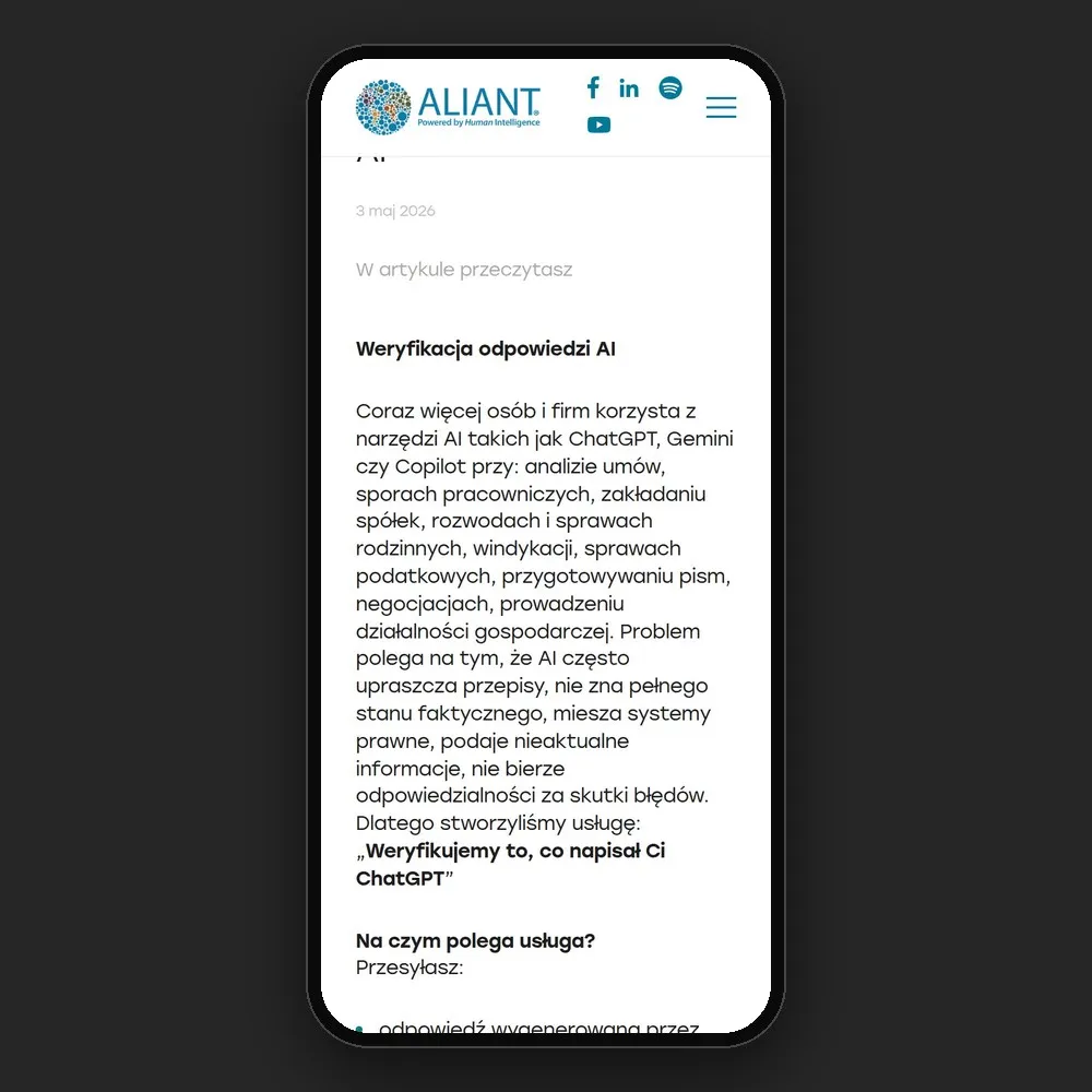Strona usługi „Weryfikacja odpowiedzi AI” na telefonie