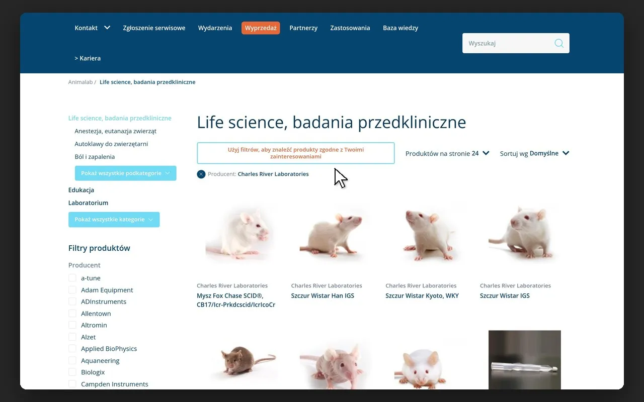 Lista produktów działu Life science po zaznaczeniu filtra producenta