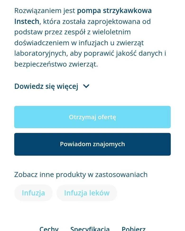 Opis produktu i przycisk „Otrzymaj ofertę” na karcie produktu na telefonie