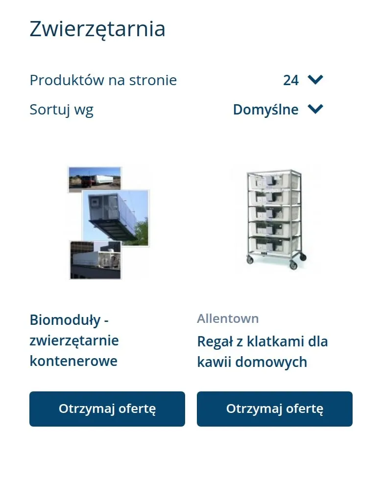 Lista produktów „Zwierzętarnia” z przyciskami „Otrzymaj ofertę” na telefonie