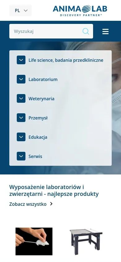 Strona główna animalab.pl z działami oferty na telefonie