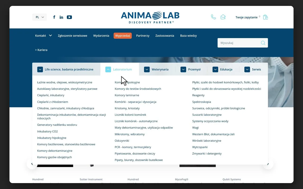 Rozwinięte menu działu „Life science, badania przedkliniczne” na stronie głównej animalab.pl