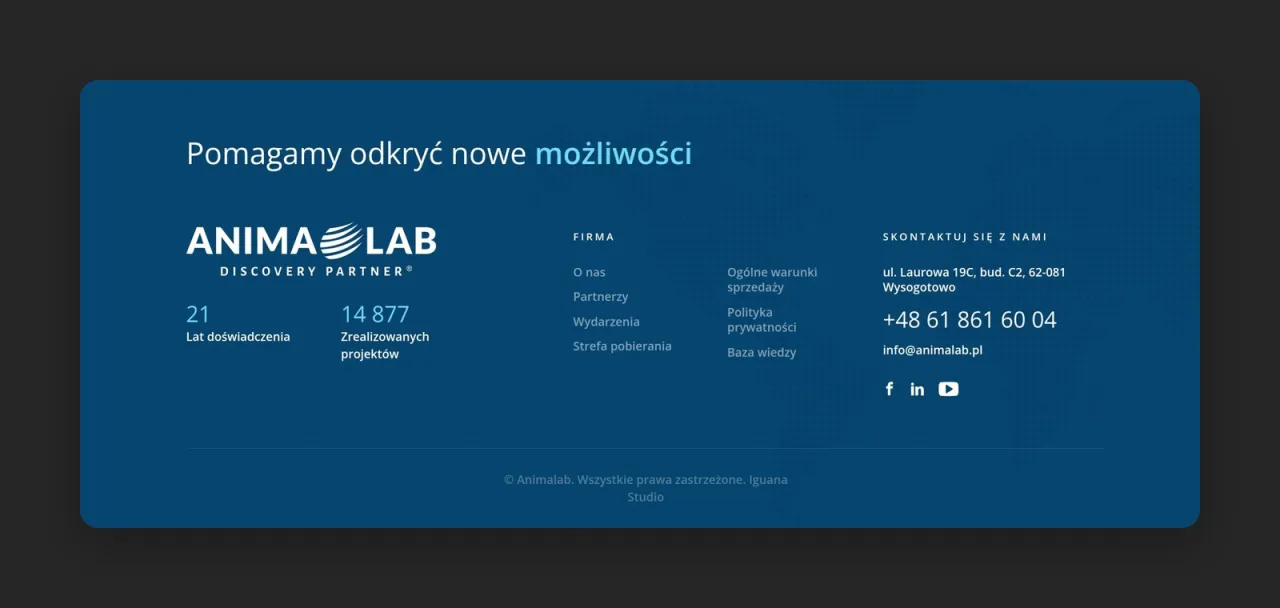 Stopka animalab.pl z licznikami, linkami i danymi kontaktowymi