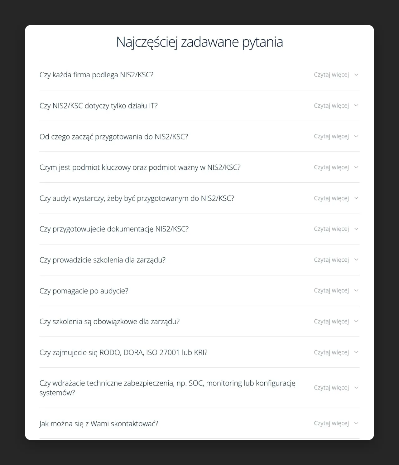 Sekcja „Najczęściej zadawane pytania” z 12 pytaniami