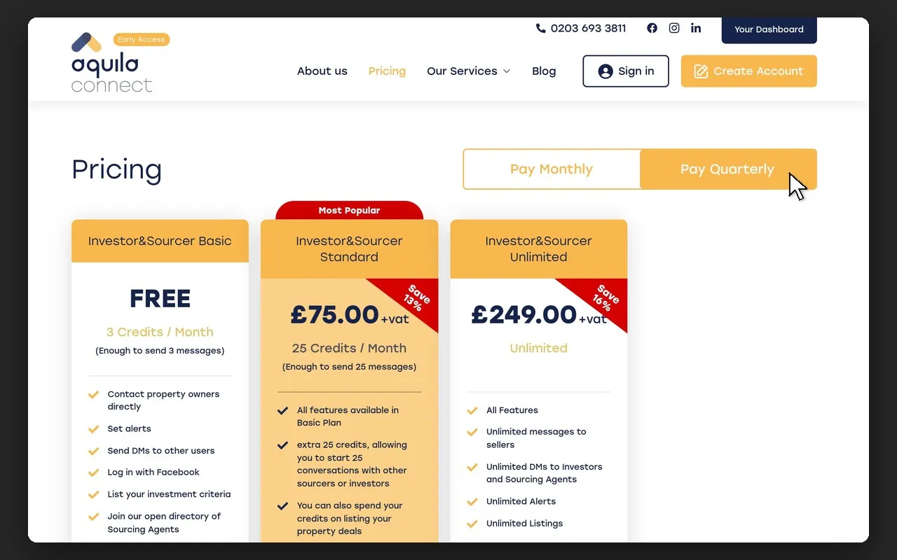Cennik Aquila Connect z 3 planami i przełącznikiem „Pay Monthly” / „Pay Quarterly”