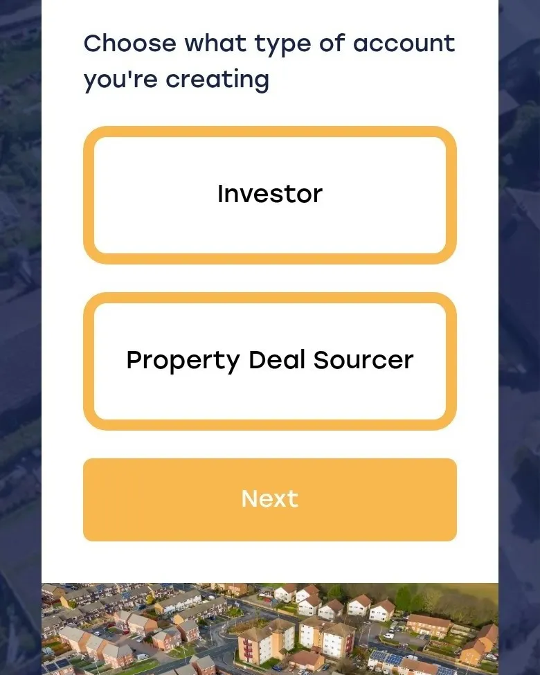 Rejestracja w Aquila Connect z wyborem typu konta „Investor” lub „Property Deal Sourcer” na telefonie