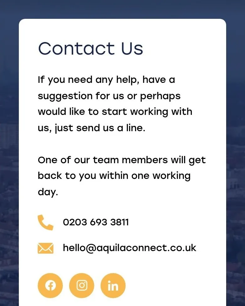Strona „Contact Us” Aquila Connect na telefonie
