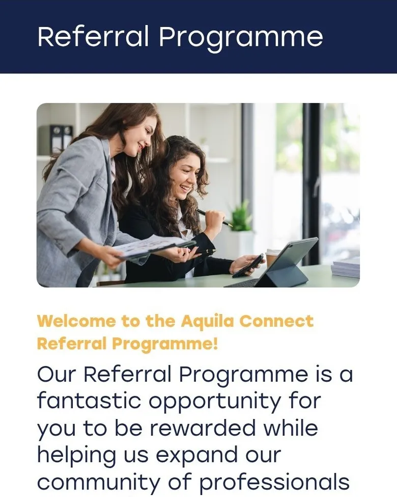 Podstrona „Referral Programme” Aquila Connect na telefonie