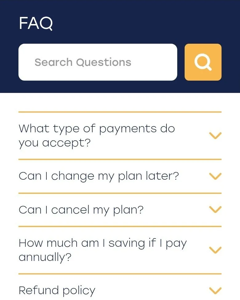 Strona „FAQ” z wyszukiwarką pytań na telefonie