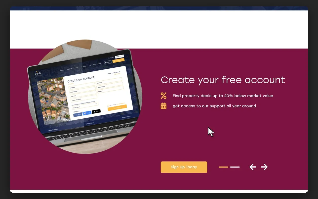 Slajd „Create your free account” na stronie głównej Aquila Connect