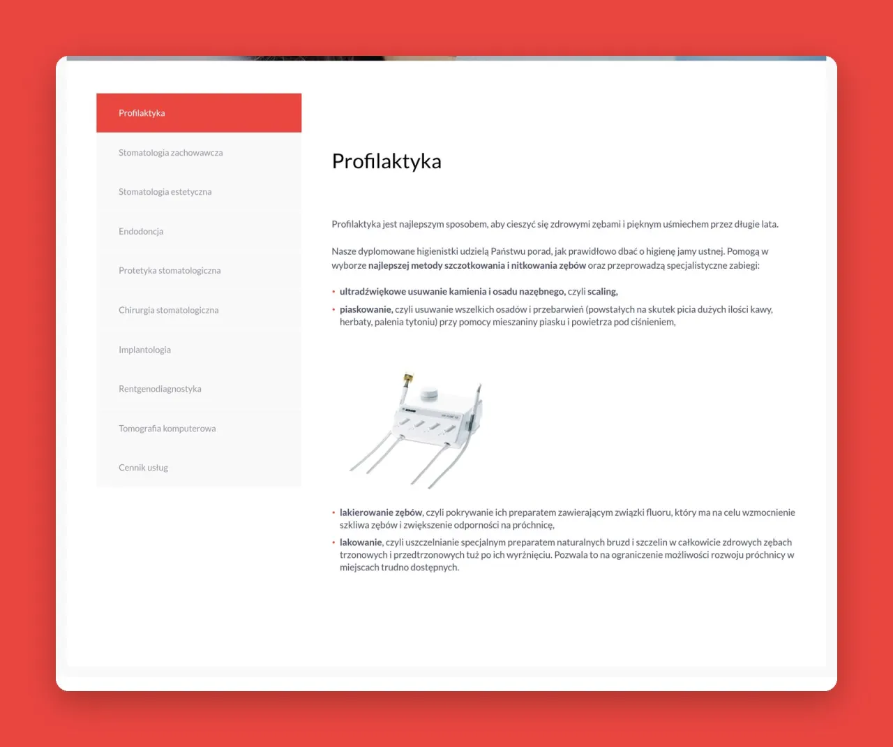 Podstrona Profilaktyka na asterdental.pl z listą usług po lewej