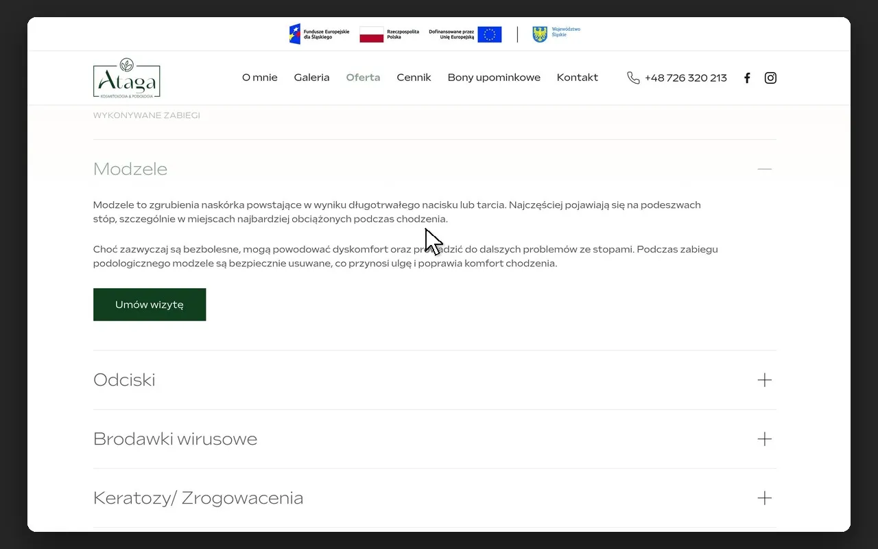 Rozwinięty opis zabiegu „Modzele” na podstronie „Zabiegi podologiczne”