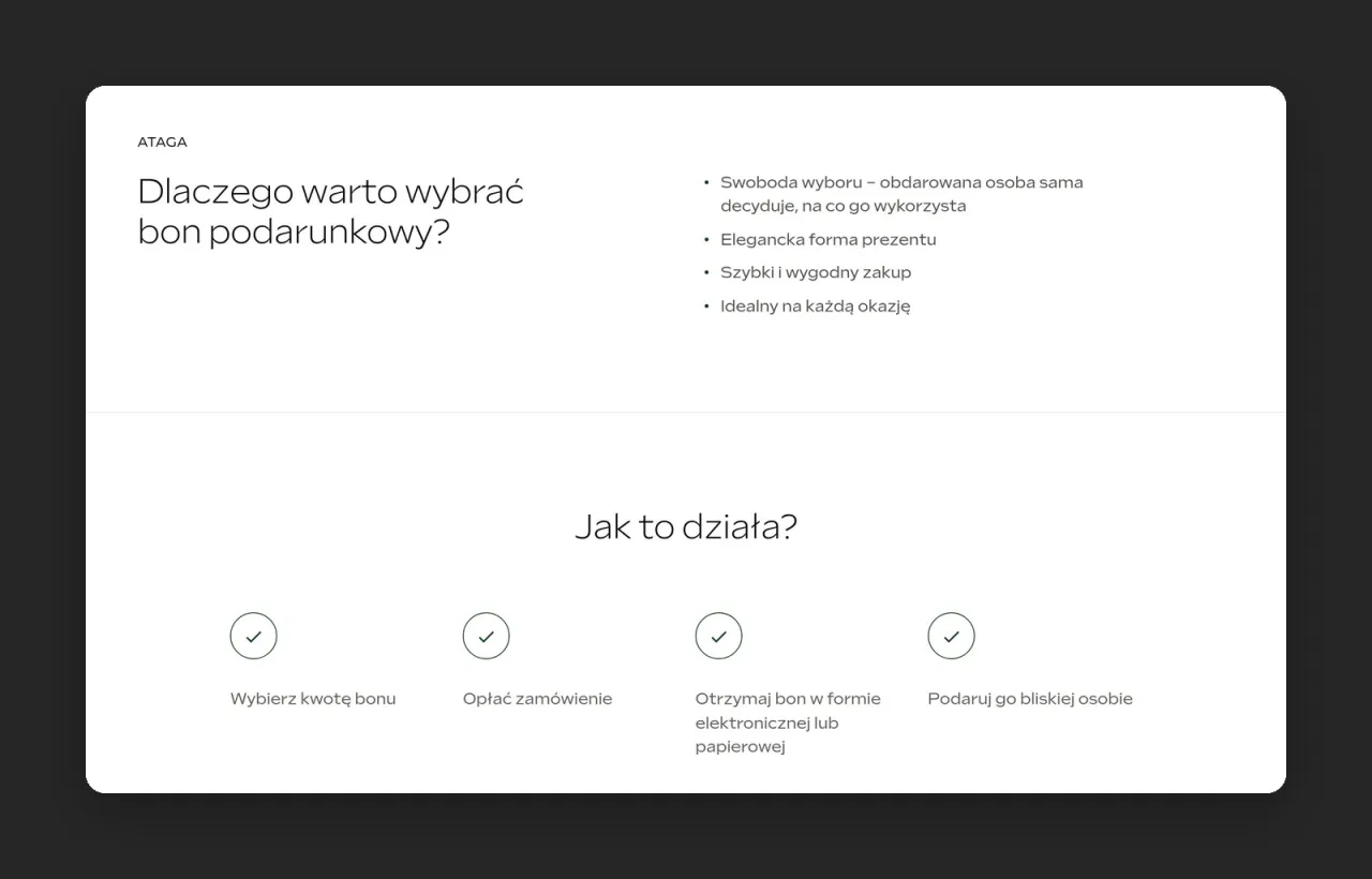 Sekcje „Dlaczego warto wybrać bon podarunkowy?” i „Jak to działa?” na atagagabinet.pl