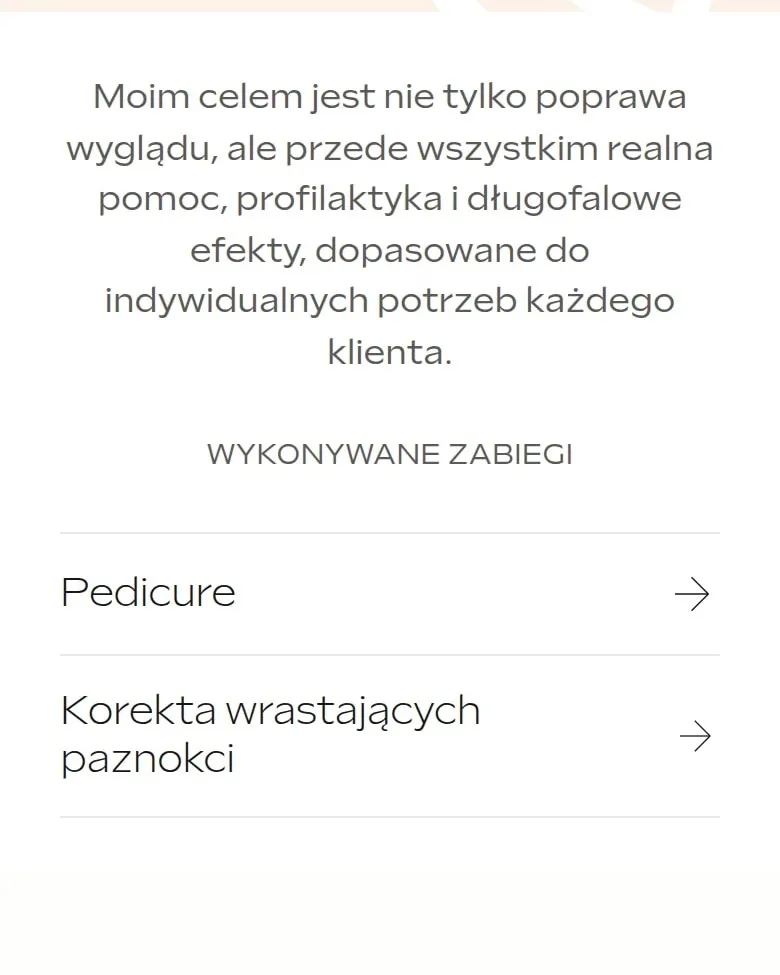 Sekcja „Wykonywane zabiegi” na stronie głównej na telefonie