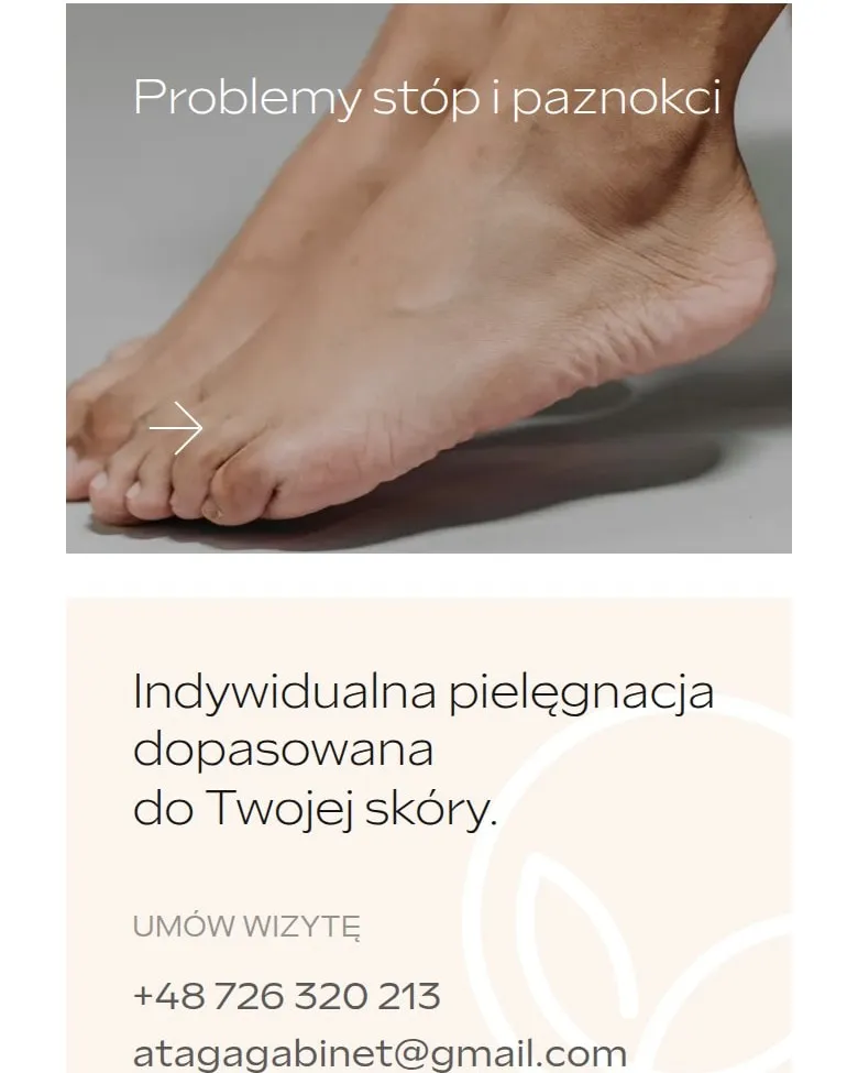 Kafelek „Problemy stóp i paznokci” i kontakt na podstronie „Oferta” na telefonie