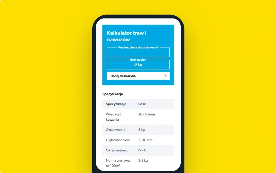 Kalkulator traw i nawozów na telefonie: powierzchnia w m² i ilość nasion w kg