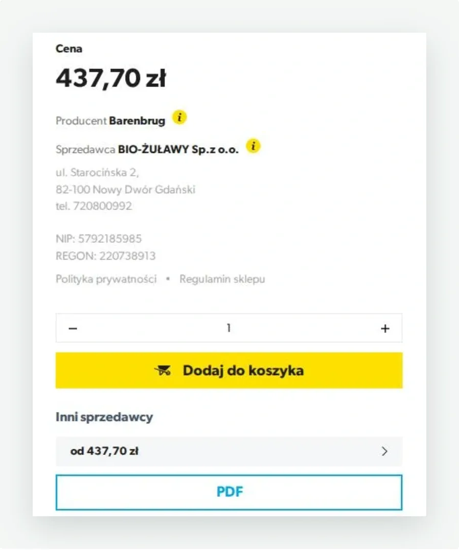 Karta produktu na barenbrug.pl: cena, producent, sprzedawca z danymi i regulaminem, sekcja Inni sprzedawcy