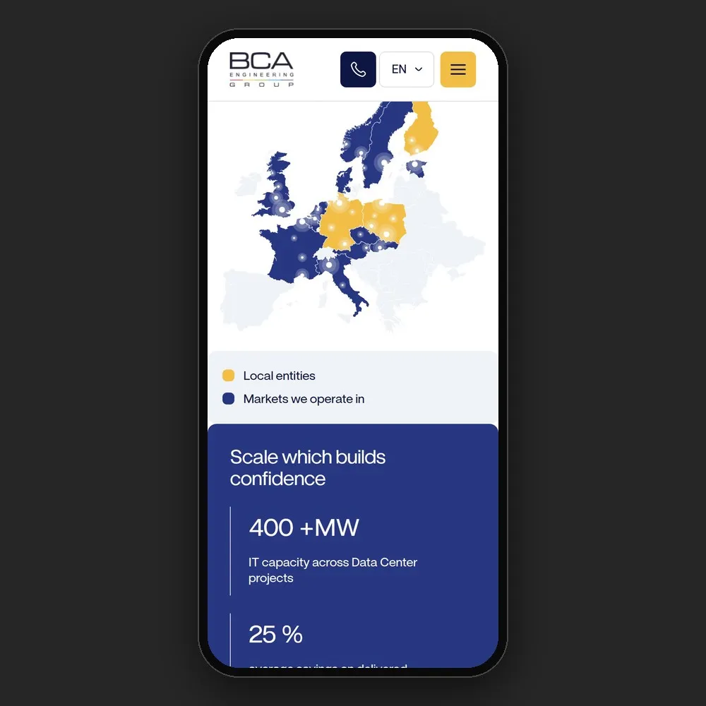 Mapa projektów i sekcja „Scale which builds confidence” na stronie głównej bcagroup.eu na telefonie