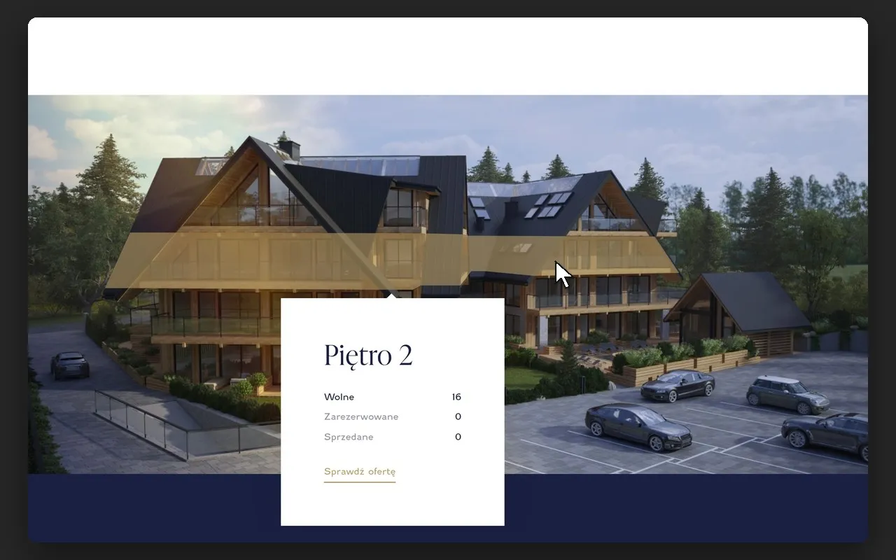 Wizualizacja budynku Białka SPA & Resort z podświetlonym piętrem 2 i dymkiem z liczbą lokali