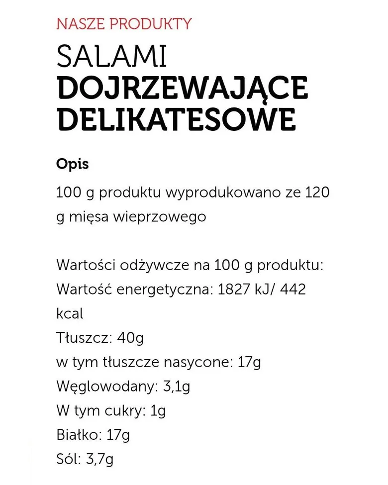 Opis i wartości odżywcze na karcie produktu Salami dojrzewające delikatesowe, wersja mobilna