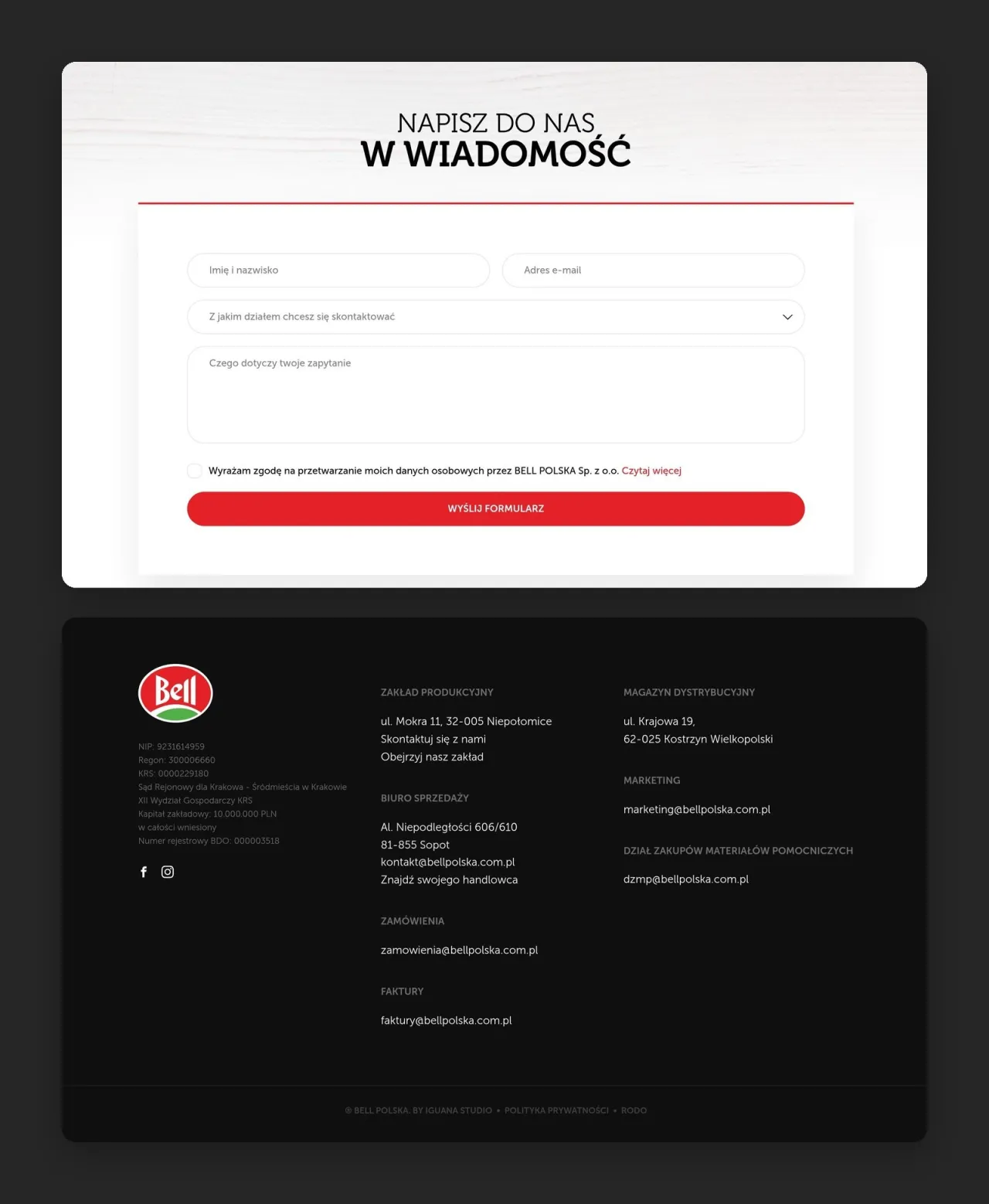 Formularz „Napisz do nas wiadomość” z wyborem działu i stopka z adresami Bell Polska